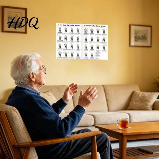 Tai Chi Poster for Seniors 2Pcs Chair Workout Posters Seated Exercises Chart 30-Day Strength Building Guide Beginners Home Gym Decor