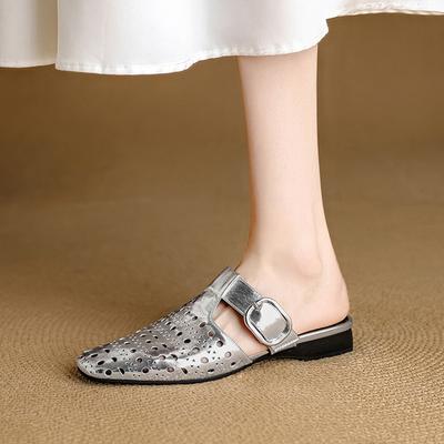 Móda 2025 Nové Letní Dámské Mules Pravá Kůže Dámské Boty Čtvercový Špička Robustní Podpatek Boty Kryjící Špičku Slingback Sandály Pantofle