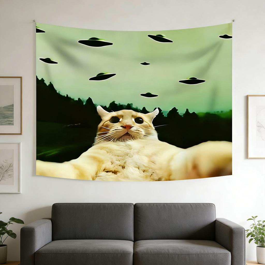 UFO Alien Cat MultiScene Decorative Tapestry for Living Room Bedroom Office Bar Party Wall Art MultiSize Flat Print Design
