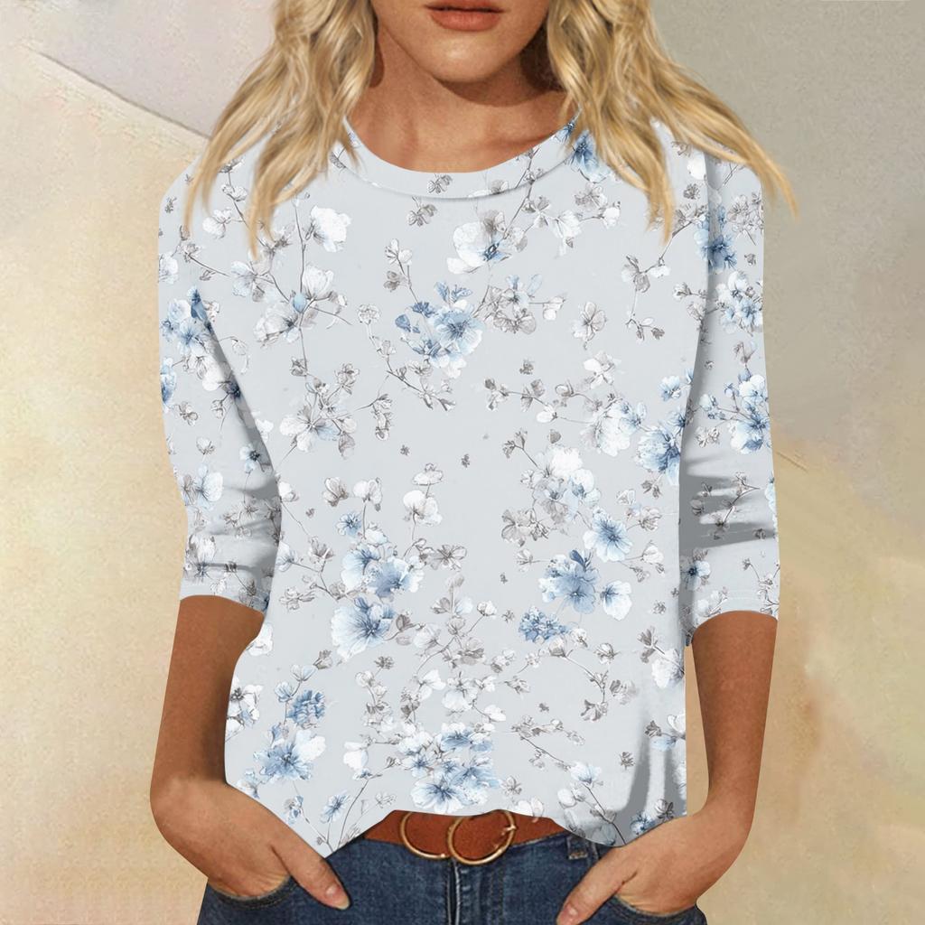 Women's Fashion Casual Round Neck 3/4 Sleeve Loose Printed T-Shirt Ladies Top