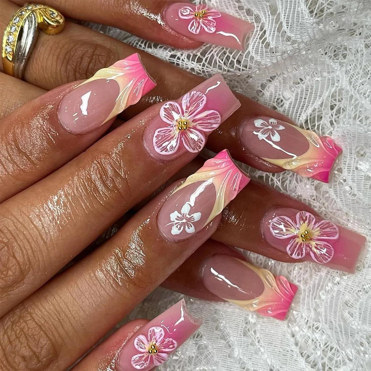 

24Pcs Sweet Medium Square False Nails with Glue Blush Pink Flowers Fake Nails Full Cover French Acrylic Press on Nails for Girls