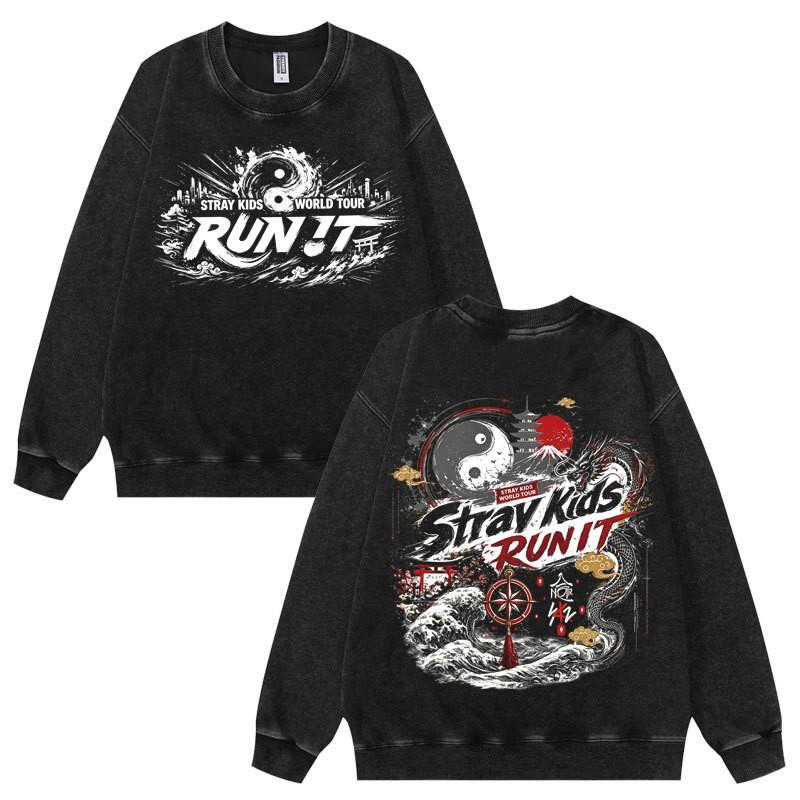 Washed Stray Kids World Tour Run It Skz Graphic Crewneck Sweatshirt Teens