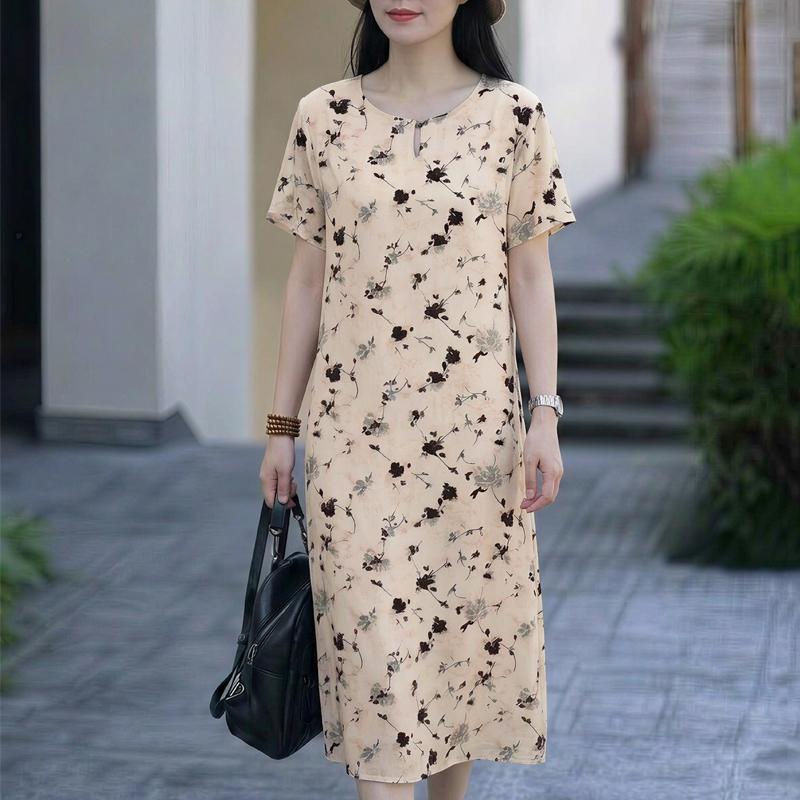 Elegante lange Kleider für Frauen in Übergröße, lockeres Kurzarm-Vintage-Kleid, Sommerkleidung für Damen mittleren Alters