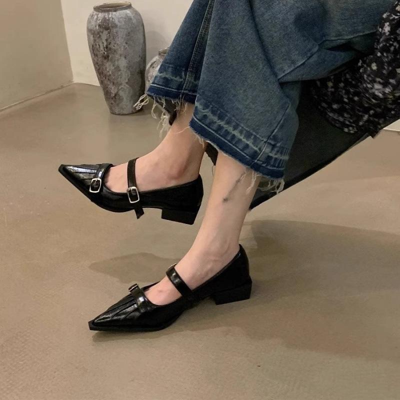 French Thick Heel Pointed Mary Jane Single Shoes Women'S Shoes Summer Black Temperament Small Leather Shoes