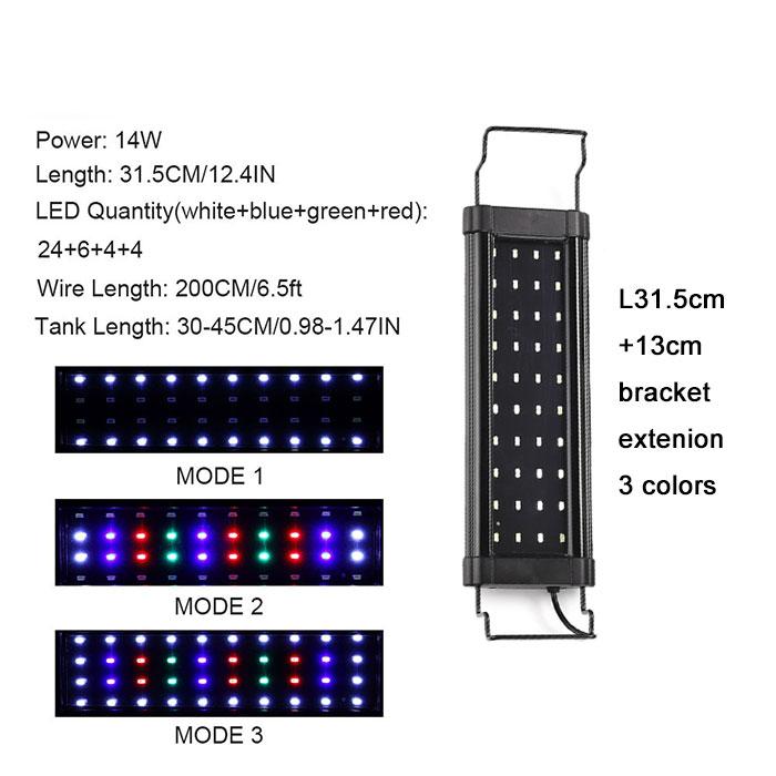 Black Adjustable Multi-Color LED Aquarium Light with Brackets,Full Spectrum LED Fish Tank Lights with White Blue Red Green LEDs