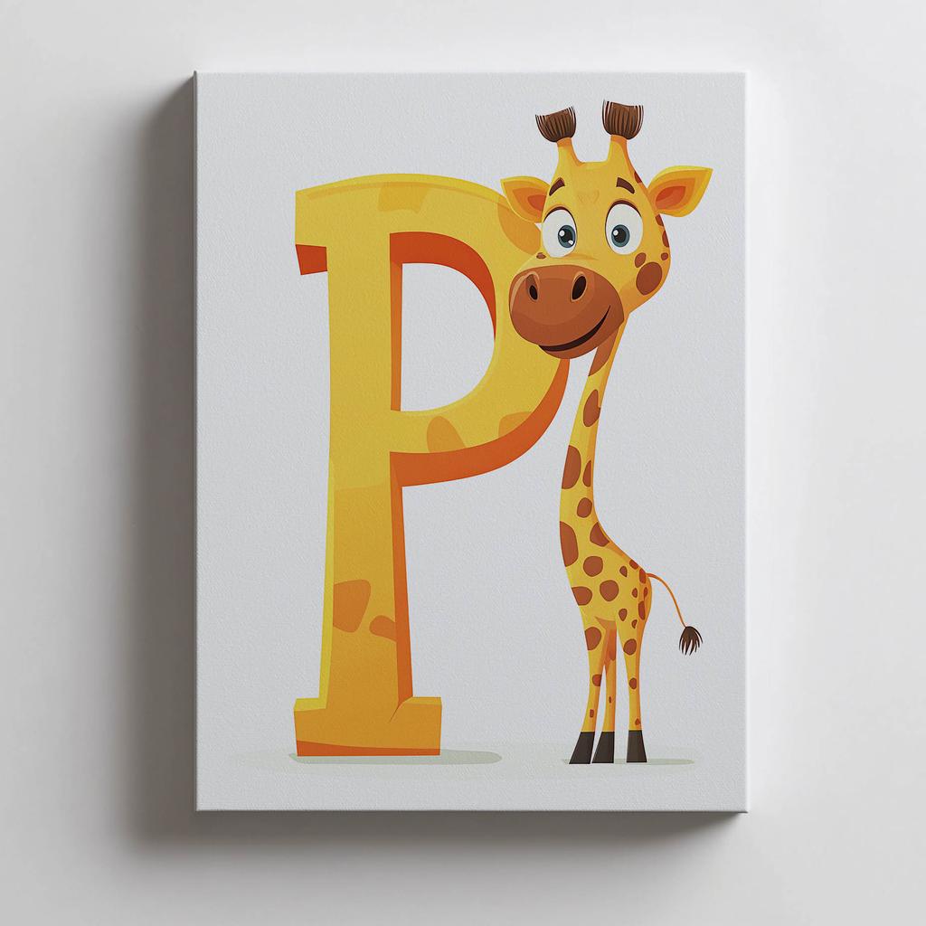 Plakat Wesoła Żyrafa Z Literą P Plakat Wesoła Żyrafa Z Literą P, 50X70 Cm, Bez Ramy, Płótno Premium Na Blejtramie