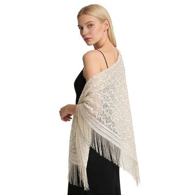 Versatile 140×140cm Lace Shawl Elegant Breathable Knitted Shawl Hollowed-out Design Tassel Shawl for Women