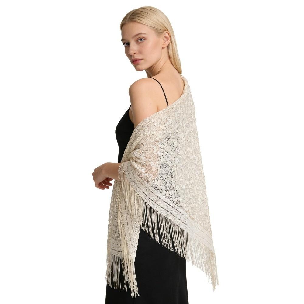 Versatile 140×140cm Lace Shawl Elegant Breathable Knitted Shawl Hollowed-out Design Tassel Shawl for Women