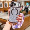 KEYSION Glitter Leopard Print Magnetic Phone Case for iPhone 13 14 15 16 17 Pro Max 17 Air 16 Plus With Plush Lanyard Shockproof Cover