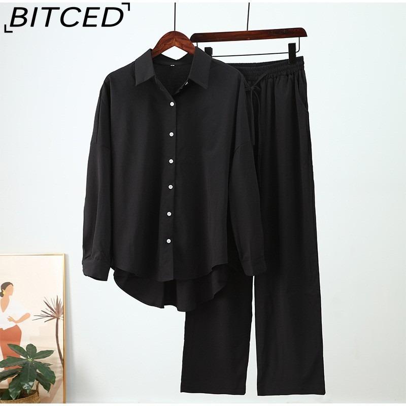 BITCED Fashionable Autumn/Winter Loose-Fit Stretch Creased Long-Sleeved Shirt and Wide-Leg Trousers Casual Set for Women, 2-Piece