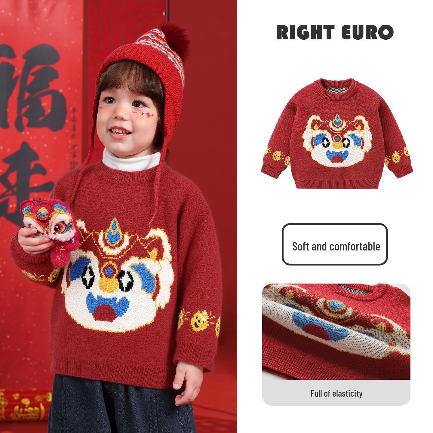 

European Boys New Year Mythical Beast Round Neck Sweater - Red Knitwear for Children & Babies, Autumn/Winter Clothing 100 cm червоний