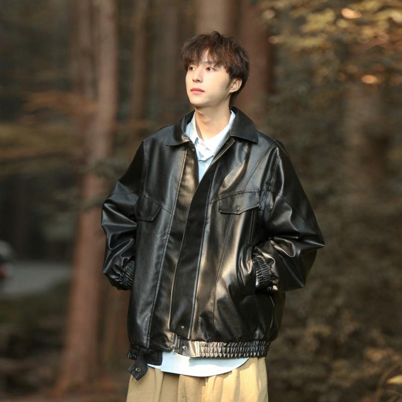 American retro brown leather jacket male ruffian handsome PU leather flight jacket hiphop locomotive jacket