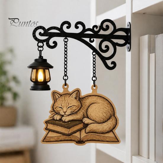 Retro Bookshelf Light Vintage with Cat Sleeping on Book Design, Lantern Rustic Metal Wall Lamp for Reading, Decorative LED Study Room Library