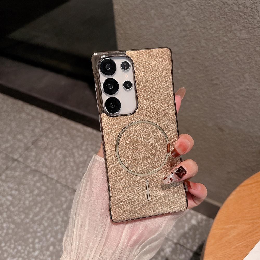 

Borderless Matte Gold Wire Texture Magsafe Magnetic Phone Case For Samsung S25 Edge S24 Plus Ultra Wireless Charge NonSlip Cover Galaxy S25