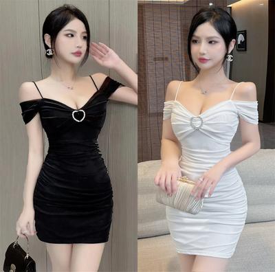 Sexy One-word Collar Mesh Shoulder Sleeves Off-the-shoulder Tight Body Hip-wrapped Bottom Short Suspender Dress New