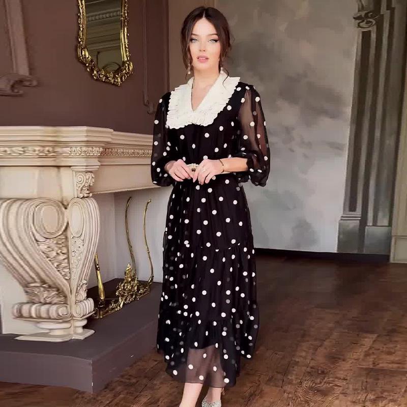 2024 Summer Women's Fashion Chiffon Polka Dot Dress with Color Block and Doll Collar