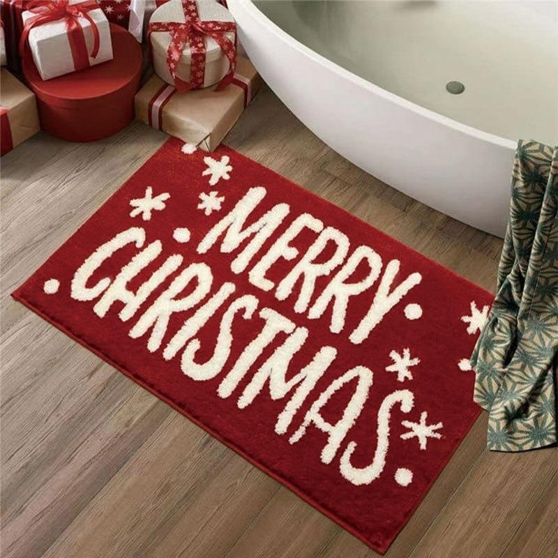 Red Christmas Print Faux Cashmere Bath Mat - Non-Slip Shower Rug & Festive Entryway Doormat