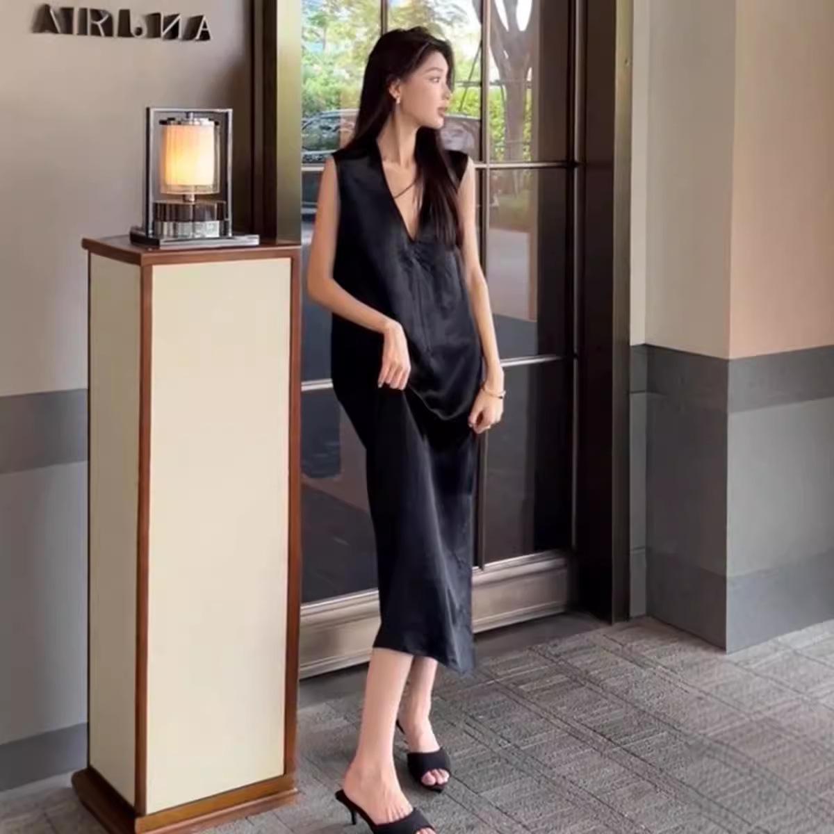 

Платье с V-образным вырезом, европейского стиля, приталенное, без рукавов, из текстурированного ацетата, для женщин Large