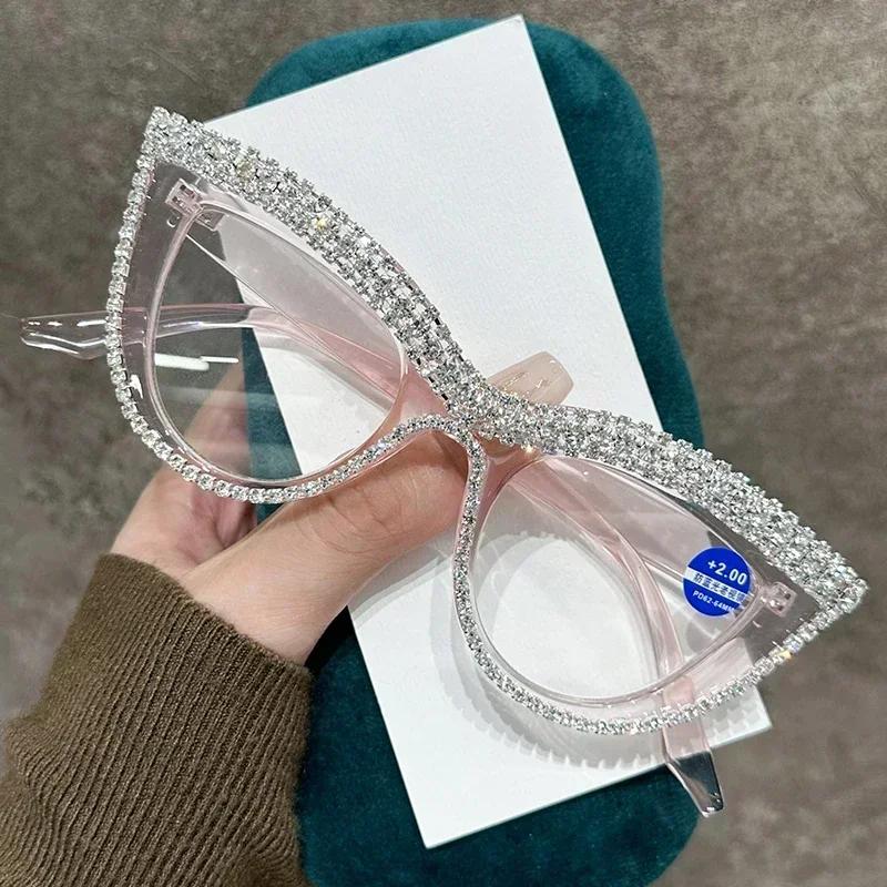 Men Anti Blue Light Far Sight Eyeglasses Cat Eye Diamond Studded Reading Glasses Personalized Luxury Women Presbyopia Glasses