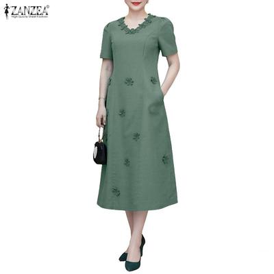 Women Casual V-Neck Summer Short Sleeve Elegant Dress