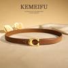 Women's Genuine Leather Double-Sided Belt - Solid Color with C-Style Buckle for Fashionable Jeans.
