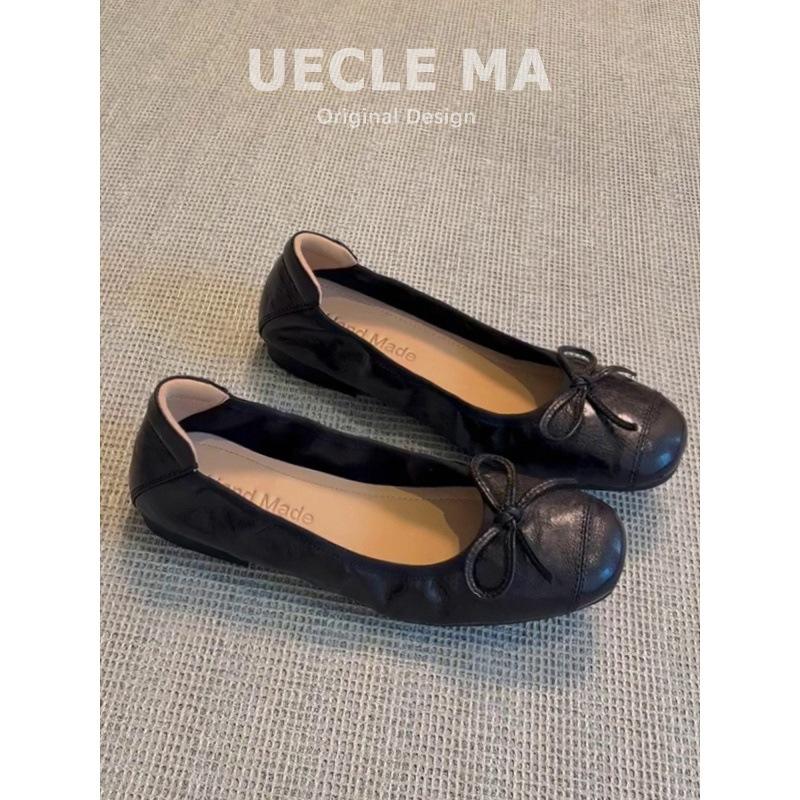 Cowhide version retro shallow mouth single shoes women's leather flat bottom versatile bow evening shoes super soft egg roll ballet shoes