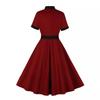 GMXIA Vintage Women's Bow Tie Tie Matching Wine Red Cotton Swing Mid-length Dress