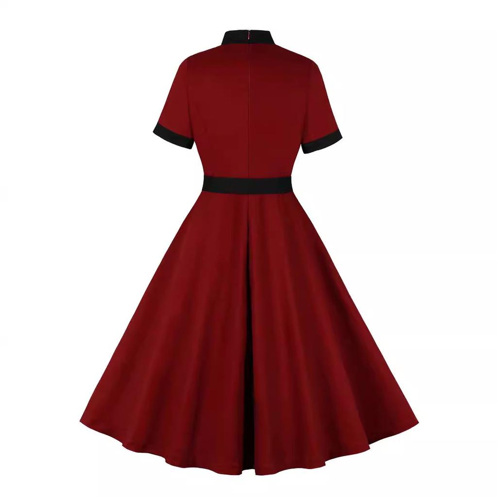 GMXIA Vintage Women's Bow Tie Tie Matching Wine Red Cotton Swing Mid-length Dress