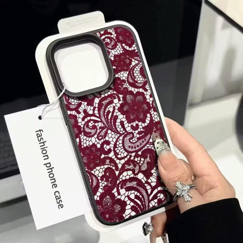 Burgundy Lace Elegance Lichee leather pattern Phone Case For iPhone 17 16e 16 15 14 13 12 11 Air Pro Max Plus X XR XSMax Cover