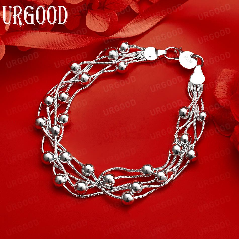 925 Sterling Silver Five-Snake Chain Bead Bracelet Fashion Jewelry