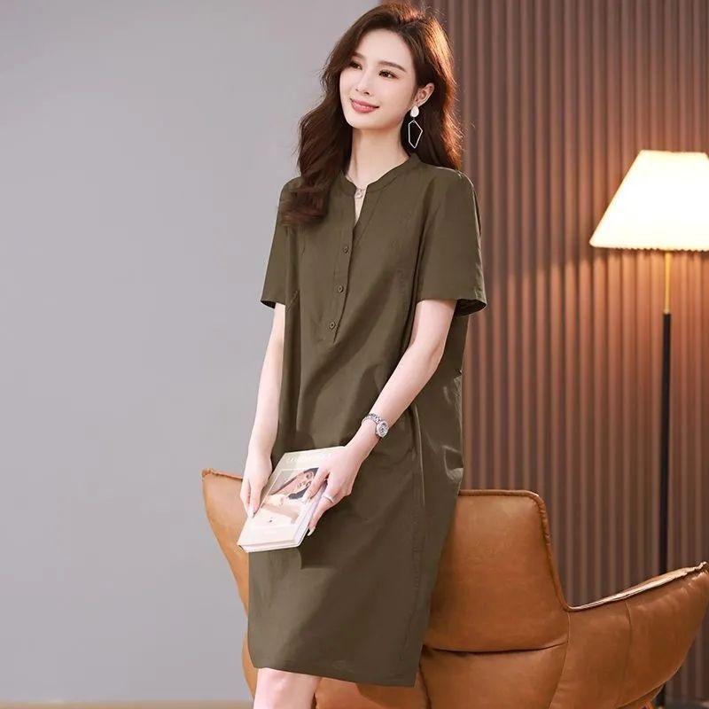 Women Summer Linen Cotton Dress V Neck Half Button Short Sleeve Midi Dress Loose Plus Size Elegant Mother Dress Casual Pocket Dresses