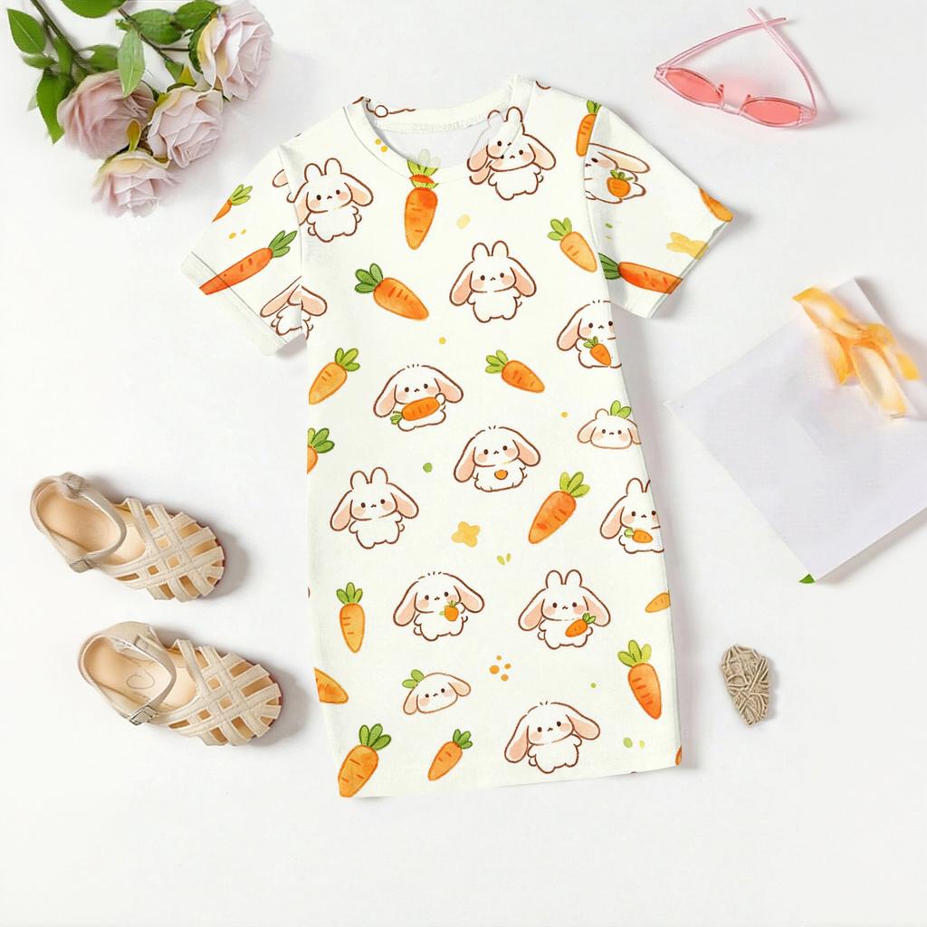 Girls Animal Print Dress Short Sleeve Loose Fit Round Neck Lightweight Kids Casual Dress Summer Wear for Children
