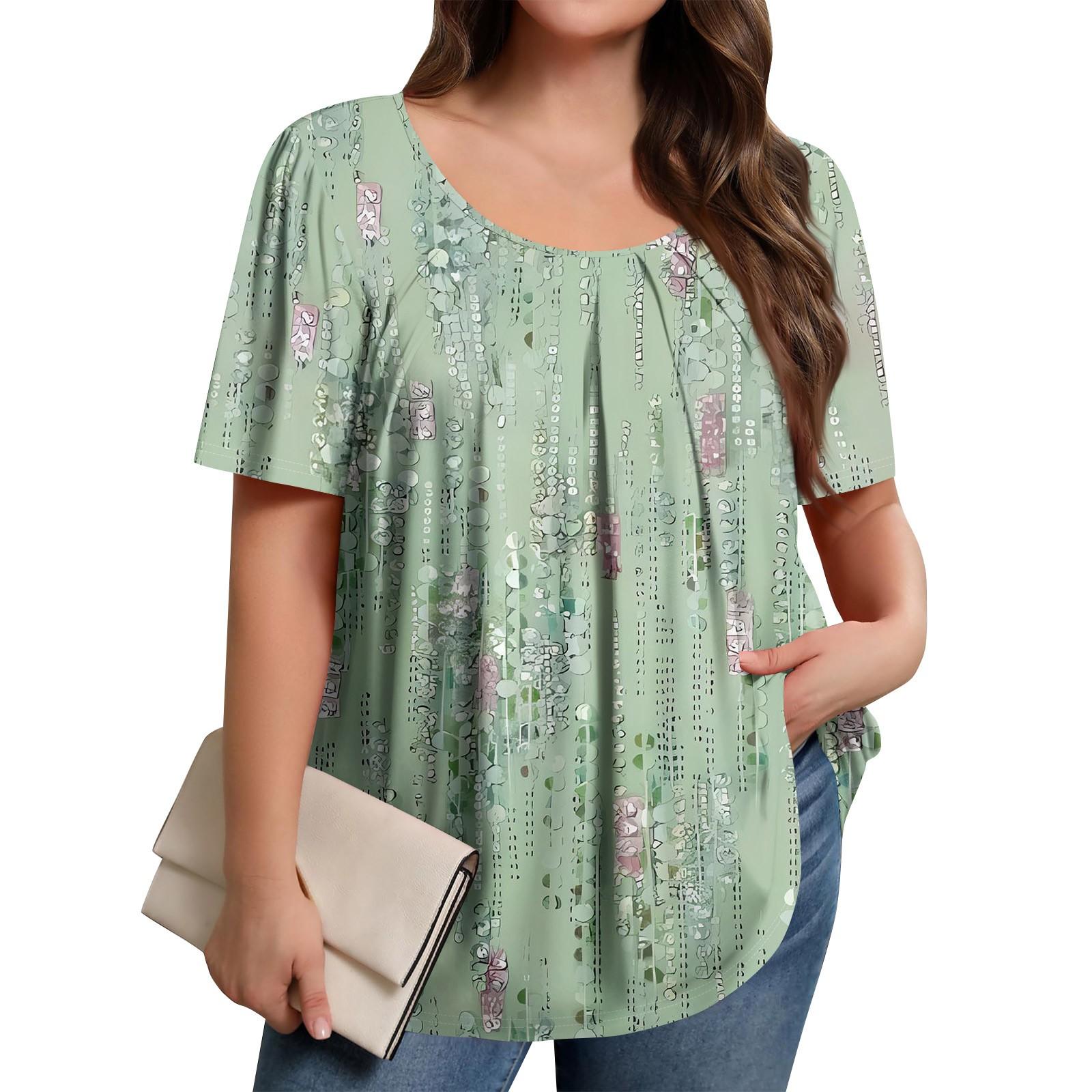 

Плюс Размер Женский Повседневный Круглый Вырез Плиссированный Короткий Рукав Однотонный Топ XXXL