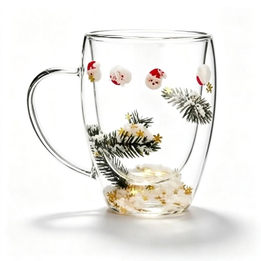 Insulated Double Christmas Glass Cups Exquisite Heat Resistant Beverage Milk Glasses 350ml With Handle Clear Flower Coffee Mug