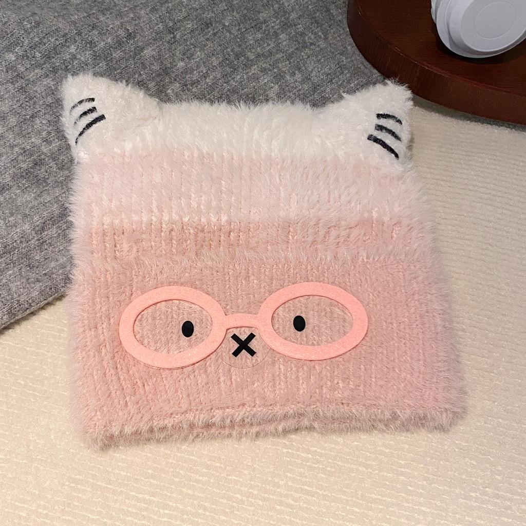 Cute glasses cat ears bear ears plush pullover hat women's new thickened warm face small knitted wool hat