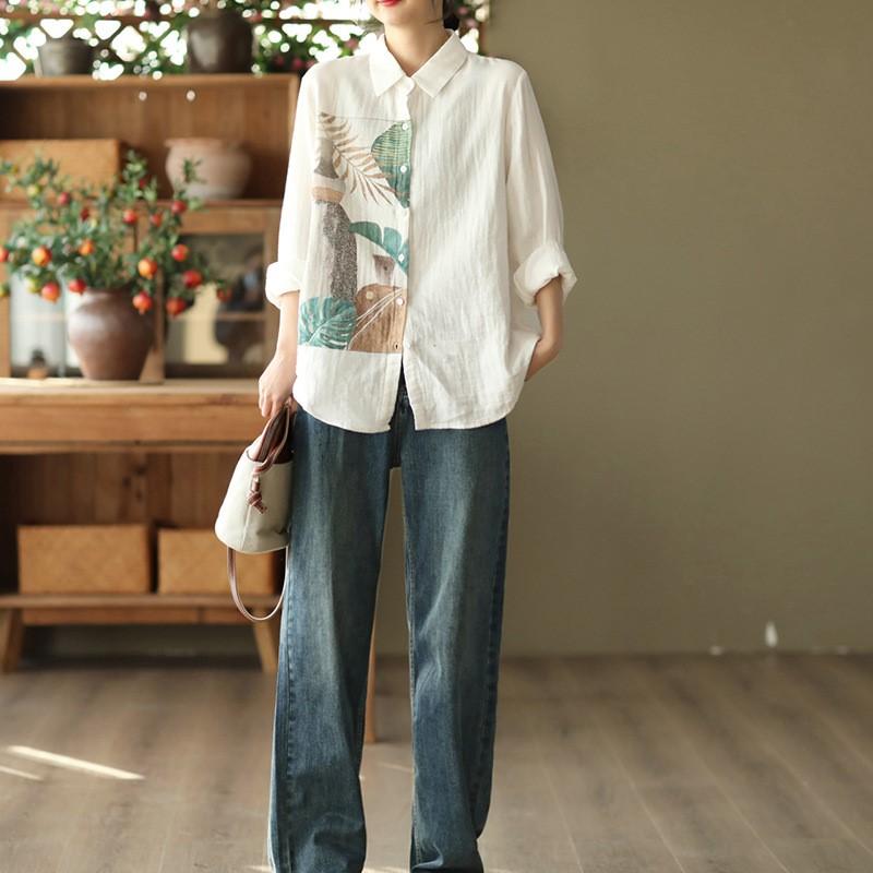 Johnature Women Vintage Cotton Shirts Tops Turn-down Collar Long Sleeve Button Blouses Autumn White Shirts