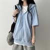 Women's Hooded Short Sleeve Cardigan Loose Fit Lazy Style Zip Up Jacket Casual Sweatshirt Top
