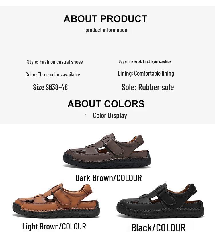 Men's Hand-Stitched Cowhide Leather Sandals with Soft Sole, Large Size Beach Shoes