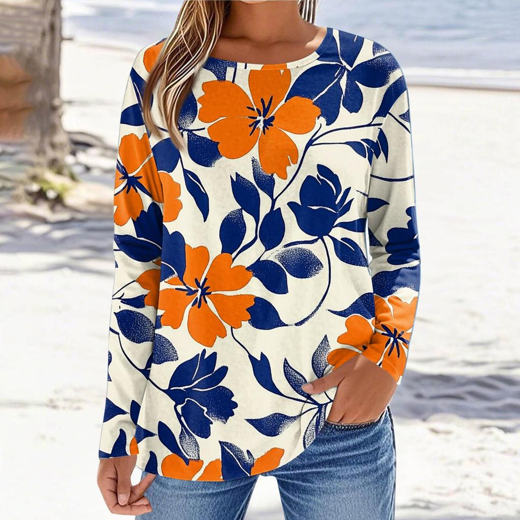 Women's Fashionable Casual Printed Long Sleeved Round Neck Top Round Neck Top Top