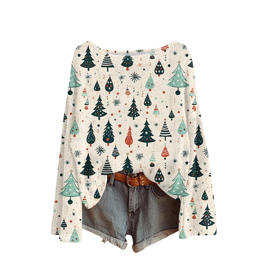 Women's Fashionable Oversized Knitwear Long-Sleeved Christmas Print Top