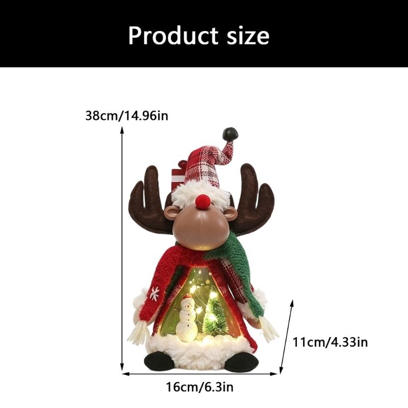Holiday Display Figurine With Warm LED Glowing, Soft Fabric Christmas Tabletop Decors, Santa Snowman Deer Doll for Shelves, Mantels, and Counters