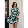 Women's Floral Print Long Sleeve Mini Dress Mock Neck Tie Waist Pleated A-Line Casual Dress for Daily Office Party