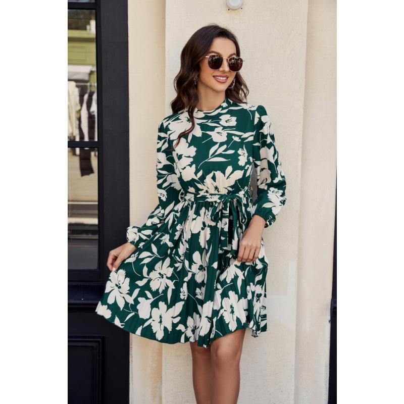 Women's Floral Print Long Sleeve Mini Dress Mock Neck Tie Waist Pleated A-Line Casual Dress for Daily Office Party