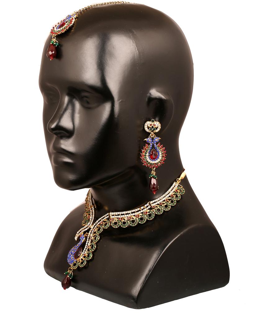 Touchstone Indian Bollywood Peacock Minakari Blue Red White Bridal Jewelry Necklace Set Antique Gold