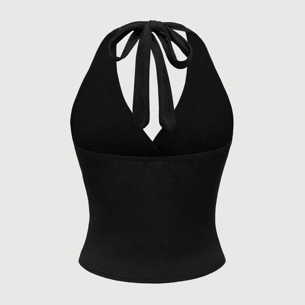 Women's Retro Backless Hanging Neck V-neck Solid Color Sleeveless Vest Top