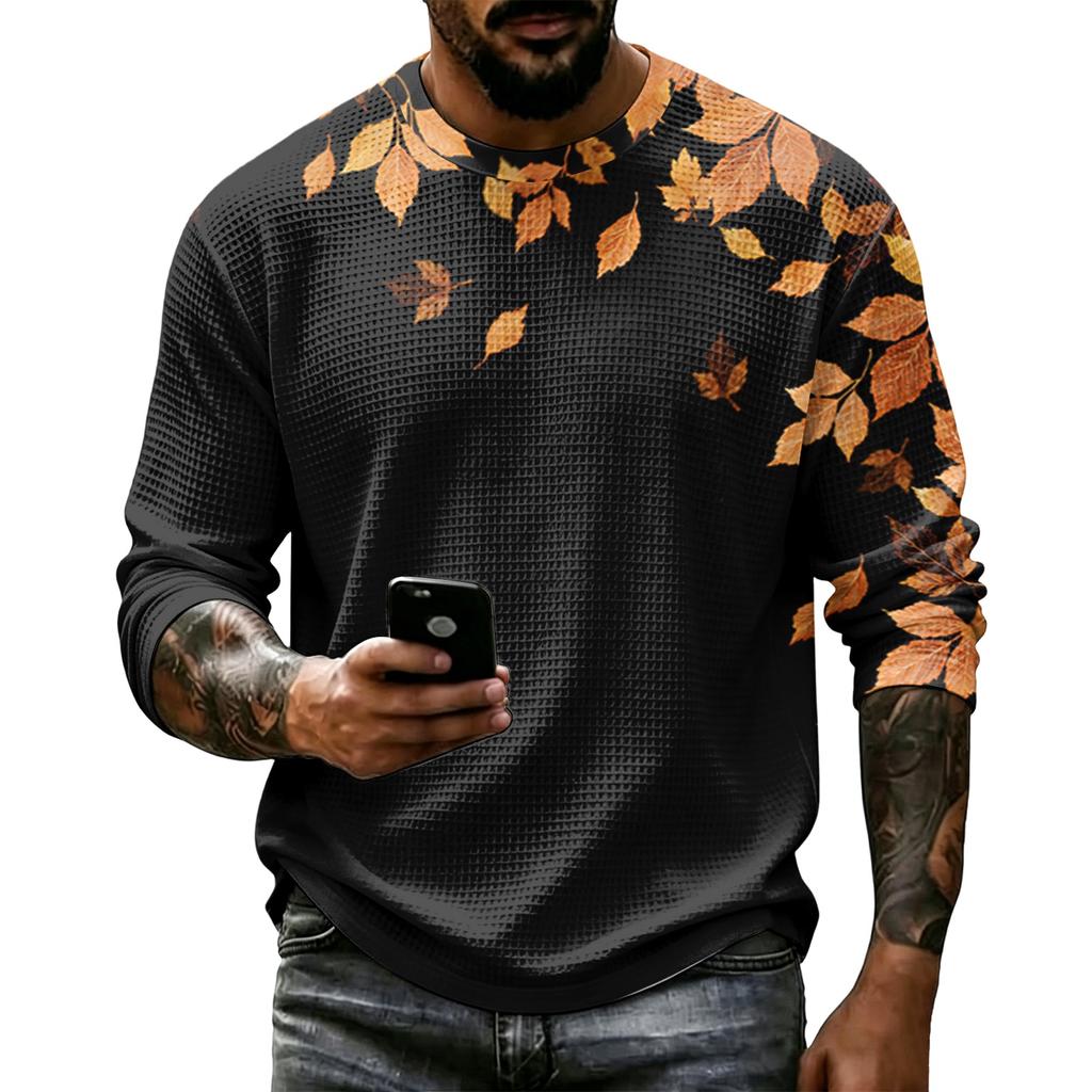 Men's Casual Knit Long Sleeve Neck T-Shirt with Fall Leaf Print