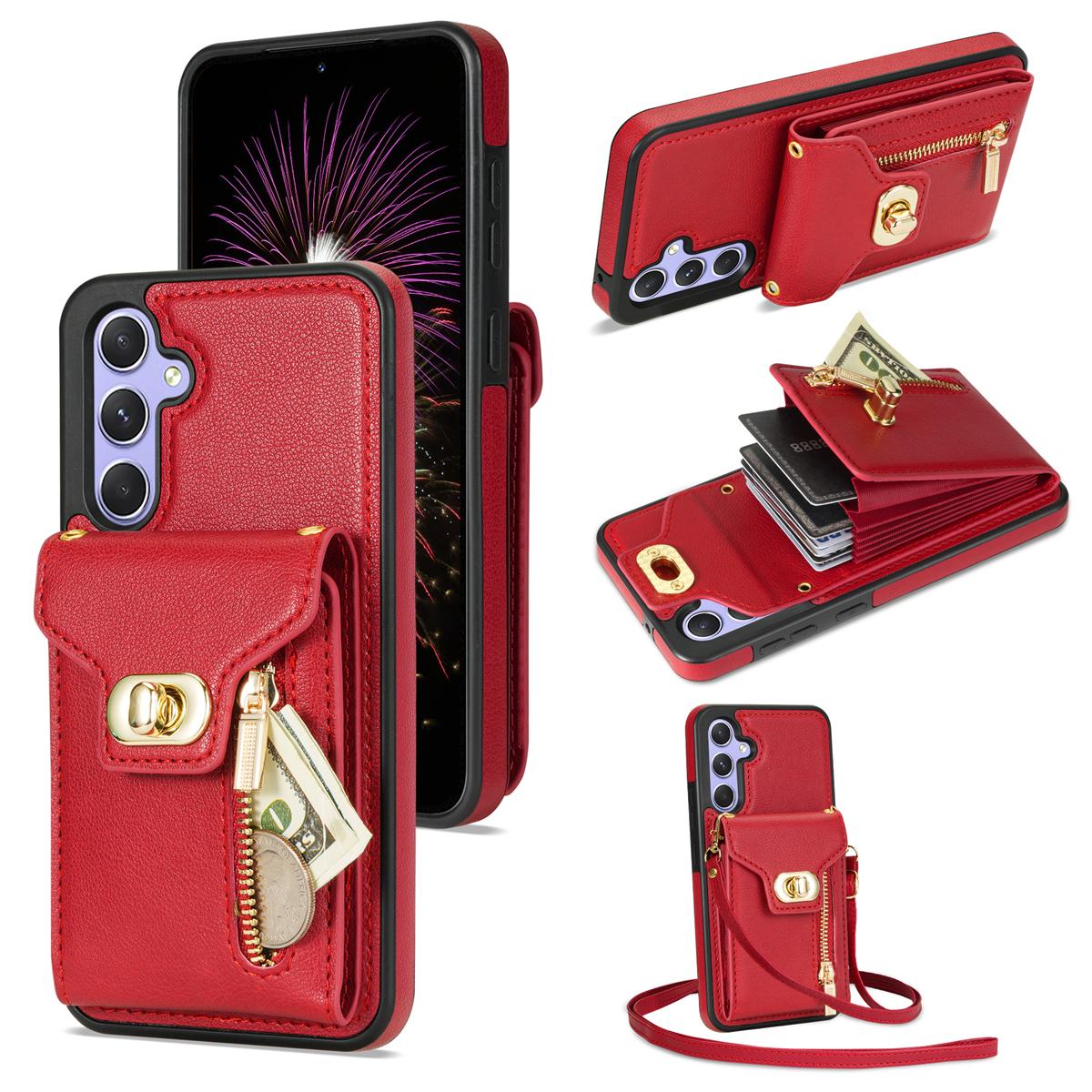 

For Samsung Galaxy S24 FE Case Leather+TPU Phone Cover with Card Bag,Shoulder Strap Red