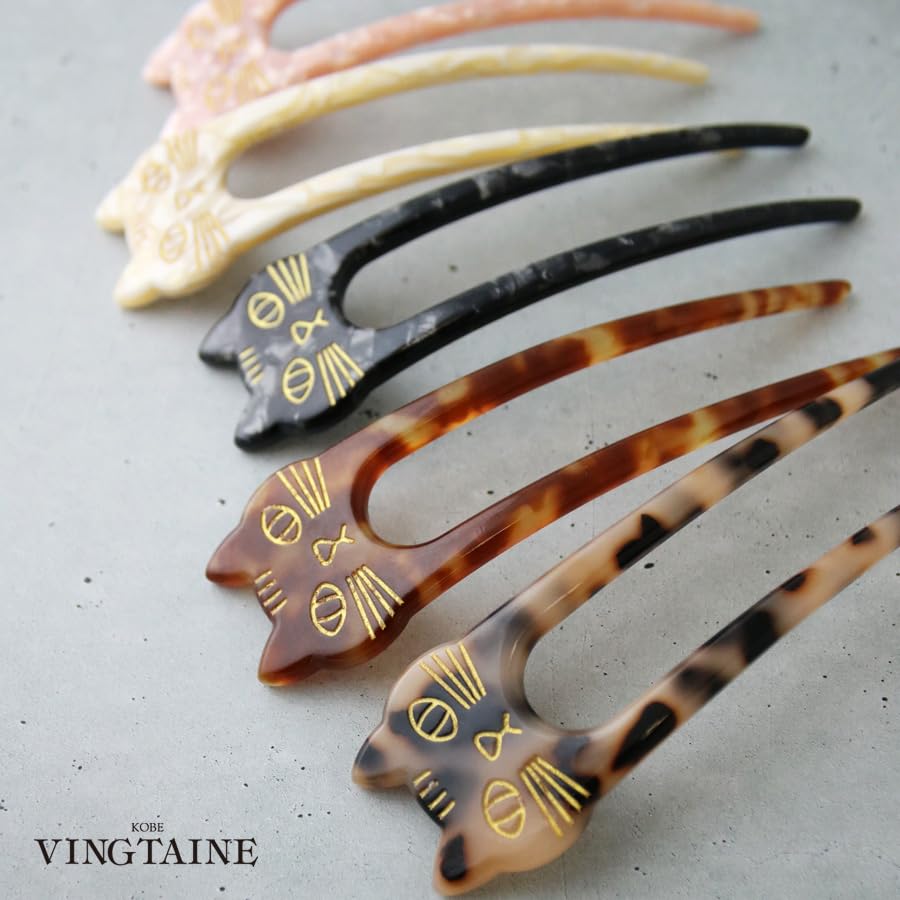 [VINGTAINE] Marble Pattern Cat Kanzashi (Hairpin) - Two-pronged Kanzashi, Tortoiseshell Style, Marble, Japanese Style Hair Accessory for Women
