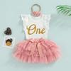 3 Pcs Baby Girls Casual Outfits Cotton Letter Fly Sleeve Round Neck Bodysuit + Tulle Tutu Skirt + Bow Headband
