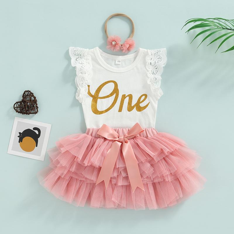 

3 Pcs Baby Girls Casual Outfits Cotton Letter Fly Sleeve Round Neck Bodysuit + Tulle Tutu Skirt + Bow Headband 60